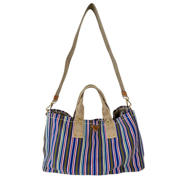 Prada Striped Canapa Tote Bag - Picture 3 of 9